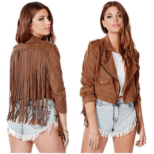 Noora Womens Lambskin Brown Suede Fringe Jacket With Zipper & Pocket | Back Fringe | Shoulder Strap | ST035 - Noora International