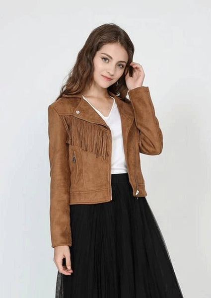 NOORA Womens Lambskin Brown Suede Fringe Jacket With Zipper & Pocket | Back Fringe | UT083 - Noora International