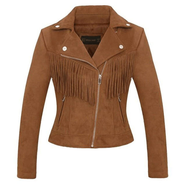 NOORA Womens Lambskin Brown Suede Fringe Jacket With Zipper & Pocket | Back Fringe | UT083 - Noora International
