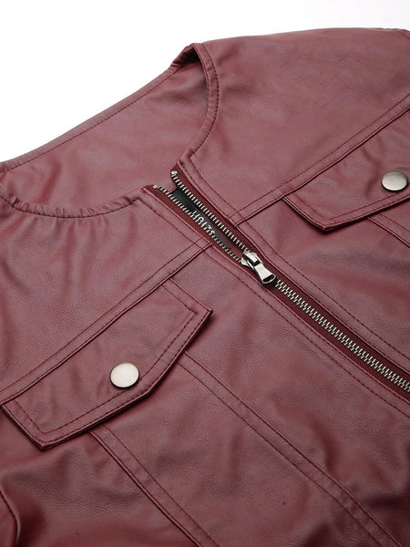 NOORA Womens Lambskin Burgundy Leather Biker Jacket With Zipper & Pocket | Plus Size Jacket | Shoulder Strap | ST0154 - Noora International