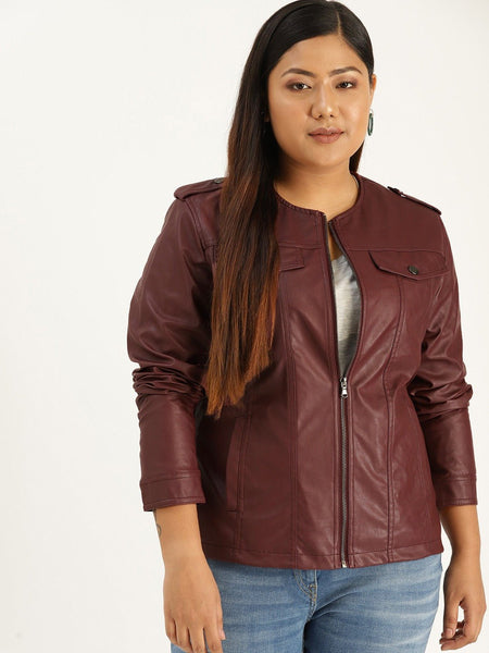 NOORA Womens Lambskin Burgundy Leather Biker Jacket With Zipper & Pocket | Plus Size Jacket | Shoulder Strap | ST0154 - Noora International