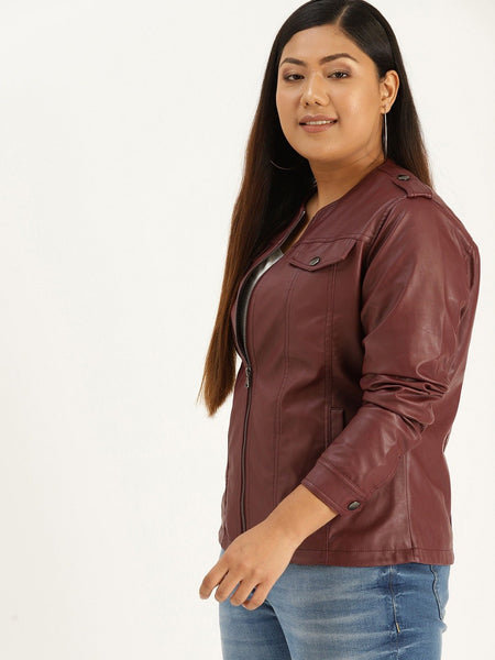 NOORA Womens Lambskin Burgundy Leather Biker Jacket With Zipper & Pocket | Plus Size Jacket | Shoulder Strap | ST0154 - Noora International