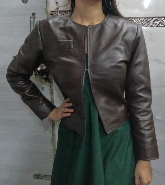 Noora Womens Lambskin Dark Brown Leather Cropped Jacket With Long Sleeve, Western Style Crop Leather Biker Jacket - Noora International