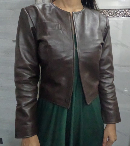 Noora Womens Lambskin Dark Brown Leather Cropped Jacket With Long Sleeve, Western Style Crop Leather Biker Jacket - Noora International