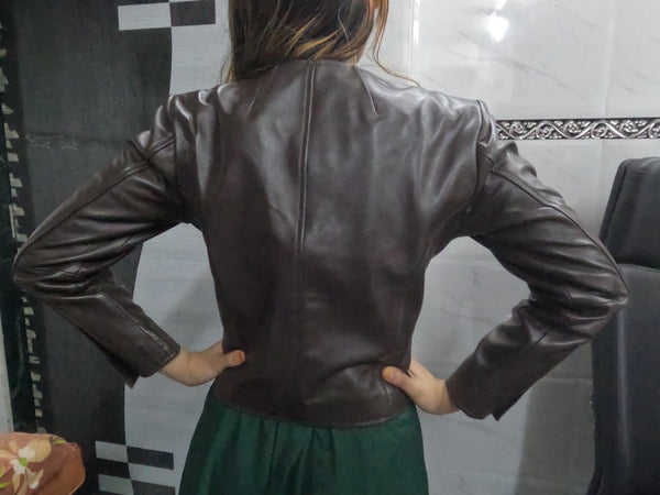 Noora Womens Lambskin Dark Brown Leather Cropped Jacket With Long Sleeve, Western Style Crop Leather Biker Jacket - Noora International