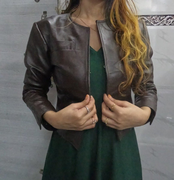 Noora Womens Lambskin Dark Brown Leather Cropped Jacket With Long Sleeve, Western Style Crop Leather Biker Jacket - Noora International