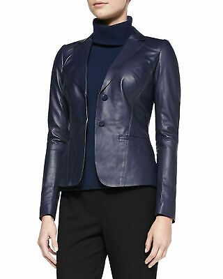 NOORA Womens Lambskin Leather Biker Jacket Stylish Slim Fit Navy Blue Jacket ST0217 - Noora International