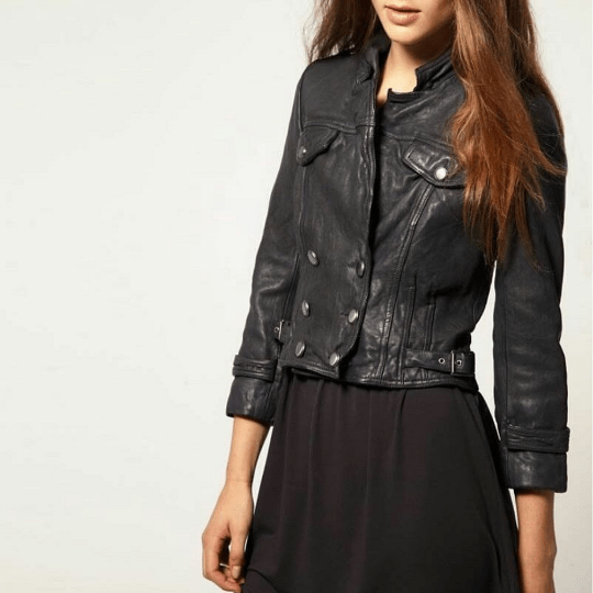 NOORA Womens Lambskin Leather Black Biker Jacket With Zipper & Snap | Pocket | Belted Jacket | ST060 - Noora International