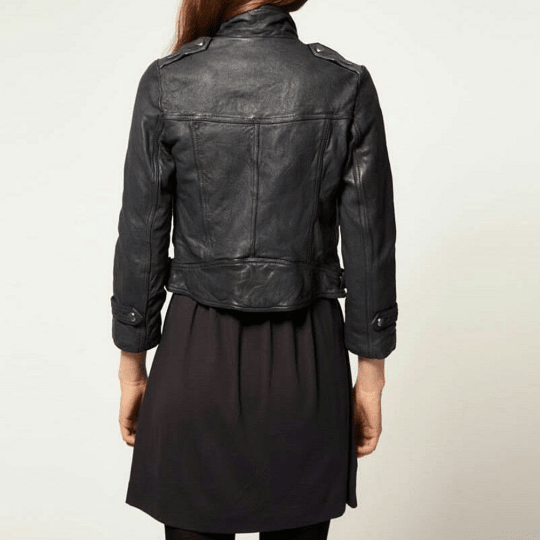 NOORA Womens Lambskin Leather Black Biker Jacket With Zipper & Snap | Pocket | Belted Jacket | ST060 - Noora International