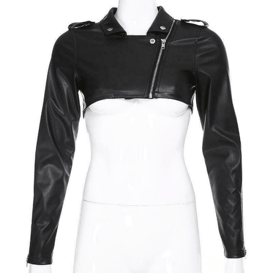 NOORA Womens Lambskin Leather Black Crop Jacket With One Side Zipper | Shoulder Strap | Zip On Sleeves | rt728 - Noora International