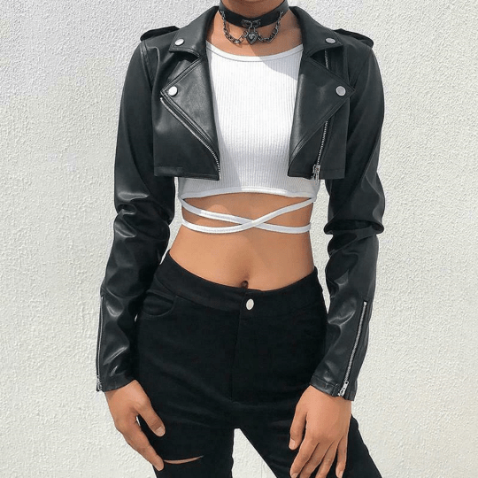NOORA Womens Lambskin Leather Black Crop Jacket With One Side Zipper | Shoulder Strap | Zip On Sleeves | rt728 - Noora International