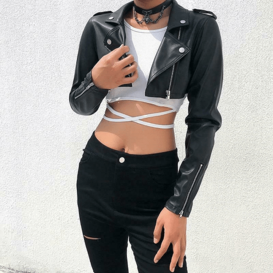 NOORA Womens Lambskin Leather Black Crop Jacket With One Side Zipper | Shoulder Strap | Zip On Sleeves | rt728 - Noora International