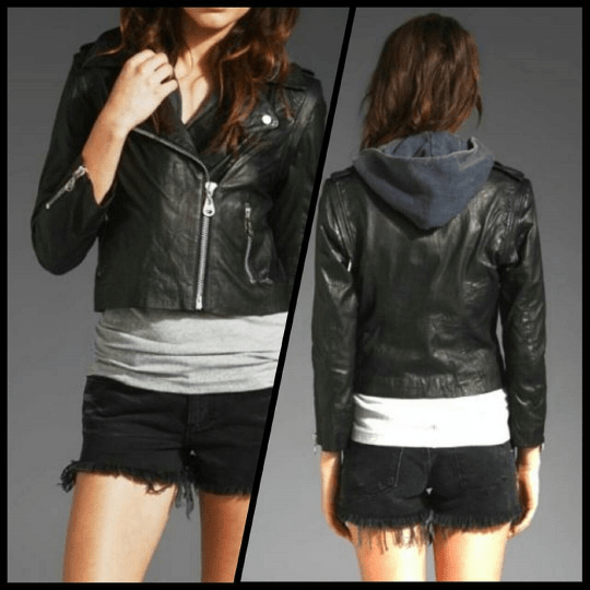 NOORA Womens Lambskin Leather Black Cropped Hoodie Style Biker Jacket With Zipper & Pocket | Shoulder Strap | - Noora International