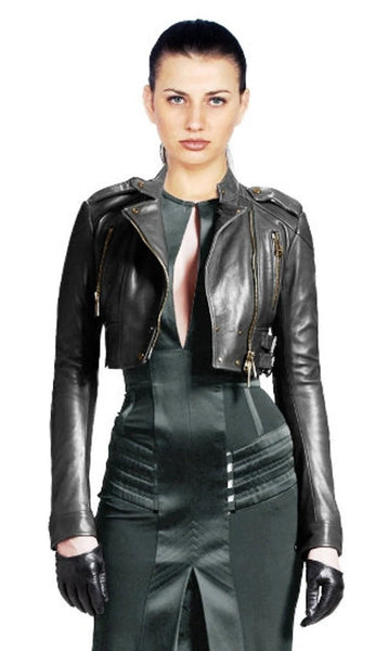 Noora Womens Lambskin Leather Black Cropped Jacket, Winter Casual Wear, Biker, Slim fit Zipper Jacket UN084 - Noora International