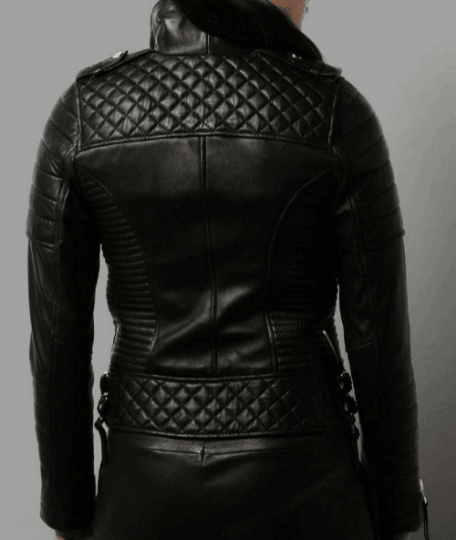 NOORA Womens Lambskin Leather Black Quilted Jacket With Zipper & Pocket | Belted Collar | Zip On Sleeves | rt556 - Noora International