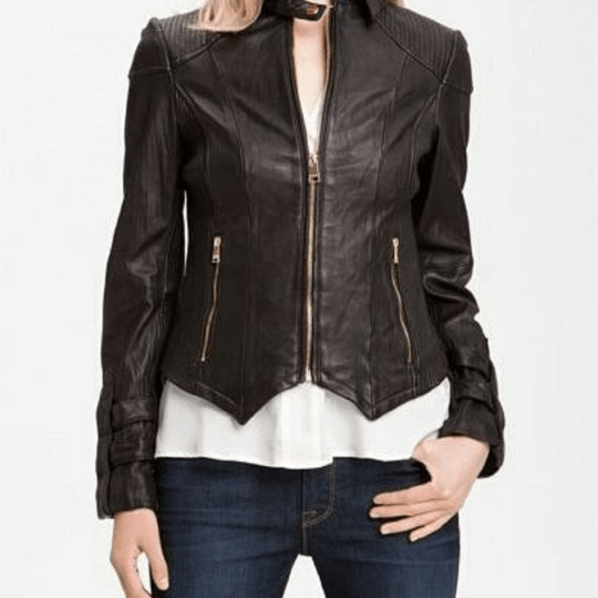 NOORA Womens Lambskin Leather Chocolate Brown Leather Quilted Biker Jacket With Zipper & Pocket | Belted Strap On Sleeves | ST061 - Noora International