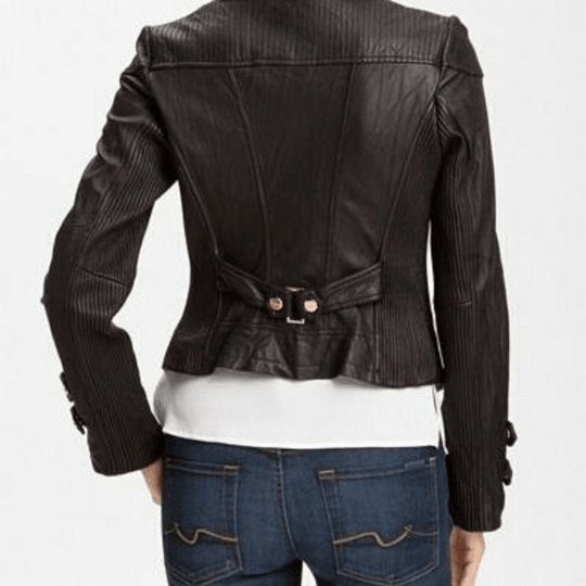 NOORA Womens Lambskin Leather Chocolate Brown Leather Quilted Biker Jacket With Zipper & Pocket | Belted Strap On Sleeves | ST061 - Noora International