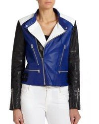 NOORA Womens Lambskin Leather Color Block Pattern Biker Jacket With Zipper & Pocket | Multi Color Jacket | Zip On Sleeves | ST0177 - Noora International