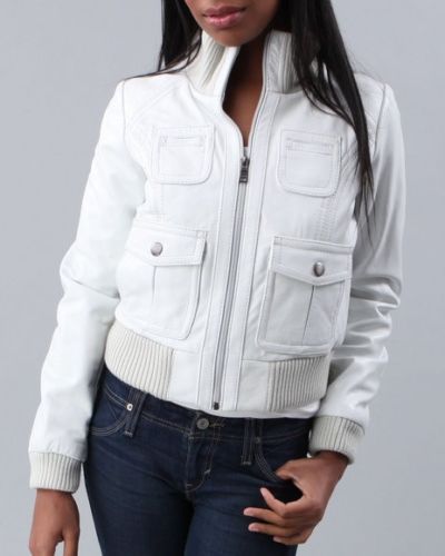 Noora Women's Lambskin Leather Cropped white bomber jacket - Noora International