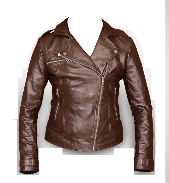 Noora Women's Lambskin Leather Jacket Chocolate Brown | Stylish Zip Up Rider Style Moto Biker Leather Jacket | Gift for her ST0270 - Noora International