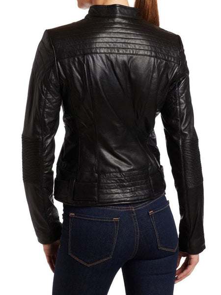 Noora Women's Lambskin Leather Jacket Slim Moto Biker Jacket Outerwear Long Sleeve Zipper Short Jacket Black ST0288 - Noora International