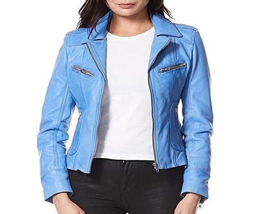 Noora Women's Lambskin Leather Light Blue Leather Jacket Stylish Biker Motorcycle Jacket | Zipper Jacket With Pocket - Noora International
