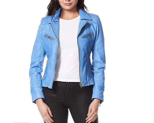 Noora Women's Lambskin Leather Light Blue Leather Jacket Stylish Biker Motorcycle Jacket | Zipper Jacket With Pocket - Noora International