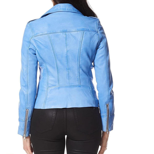 Noora Women's Lambskin Leather Light Blue Leather Jacket Stylish Biker Motorcycle Jacket | Zipper Jacket With Pocket - Noora International