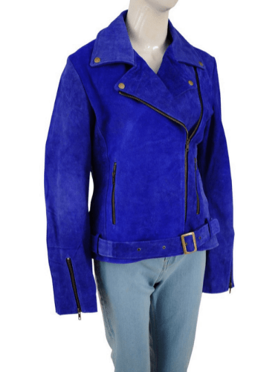 NOORA Womens Lambskin Leather Midnight Blue Suede Biker Jacket With Zipper | Snap On Collar | Belted Jacket | rt789 - Noora International