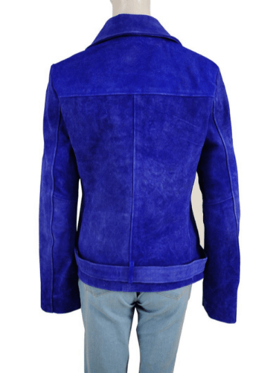 NOORA Womens Lambskin Leather Midnight Blue Suede Biker Jacket With Zipper | Snap On Collar | Belted Jacket | rt789 - Noora International