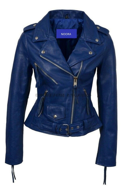 NOORA Womens Lambskin Leather Navy Blue Biker Jacket With Zipper & Pocket | Shoulder Strap | Belted Jacket | ST025 - Noora International