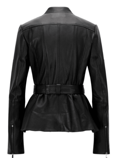 NOORA Womens Lambskin Leather Peplum Style Black Belted Jacket With Zipper | Snap On Collar | ST0102 - Noora International