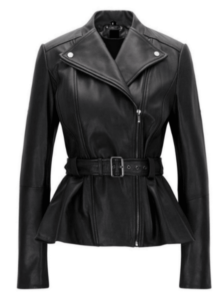 NOORA Womens Lambskin Leather Peplum Style Black Belted Jacket With Zipper | Snap On Collar | ST0102 - Noora International