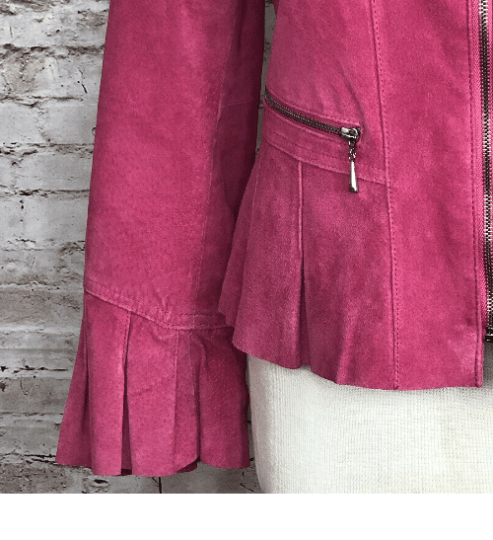 Noora Womens Lambskin Leather Pink Top Style Jacket Designer Ruffle Sleeve, With Zipper Pink Party Wear Top Jacket UN02 - Noora International