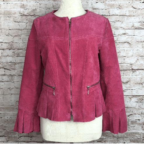 Noora Womens Lambskin Leather Pink Top Style Jacket Designer Ruffle Sleeve, With Zipper Pink Party Wear Top Jacket UN02 - Noora International