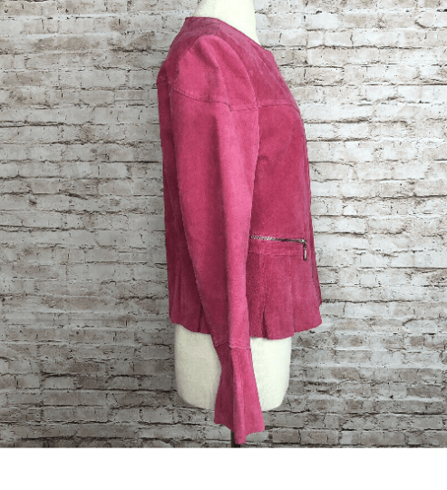 Noora Womens Lambskin Leather Pink Top Style Jacket Designer Ruffle Sleeve, With Zipper Pink Party Wear Top Jacket UN02 - Noora International