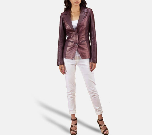 Noora Women's Lambskin Maroon Leather Blazer Jacket For MEETINGS, Stylish Casual Blazer Jacket YK0257 - Noora International