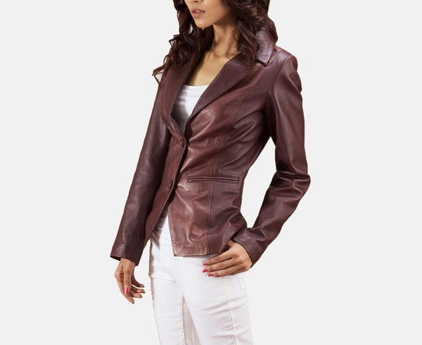 Noora Women's Lambskin Maroon Leather Blazer Jacket For MEETINGS, Stylish Casual Blazer Jacket YK0257 - Noora International