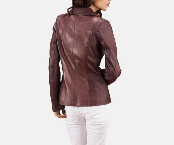 Noora Women's Lambskin Maroon Leather Blazer Jacket For MEETINGS, Stylish Casual Blazer Jacket YK0257 - Noora International