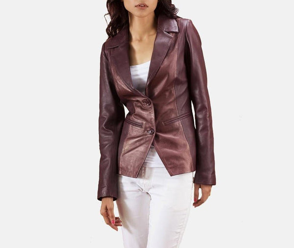 Noora Women's Lambskin Maroon Leather Blazer Jacket For MEETINGS, Stylish Casual Blazer Jacket YK0257 - Noora International