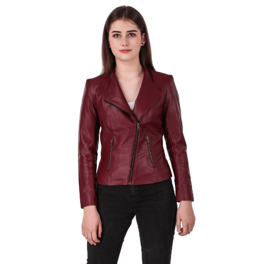 NOORA Womens Lambskin Maroon Leather Jacket With Zipper & Pocket | Slim Fit Jacket | ST072 - Noora International
