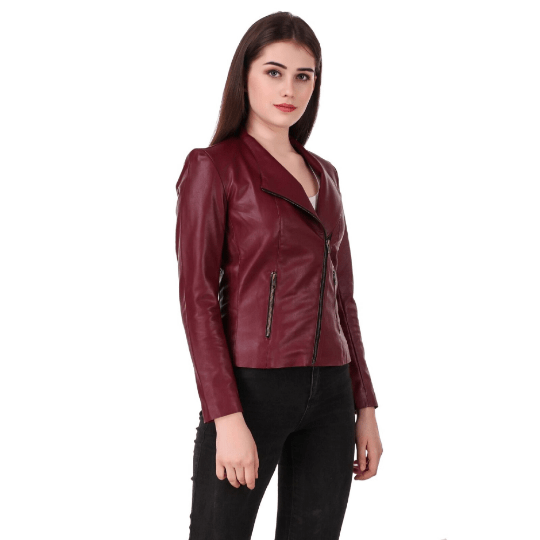 NOORA Womens Lambskin Maroon Leather Jacket With Zipper & Pocket | Slim Fit Jacket | ST072 - Noora International