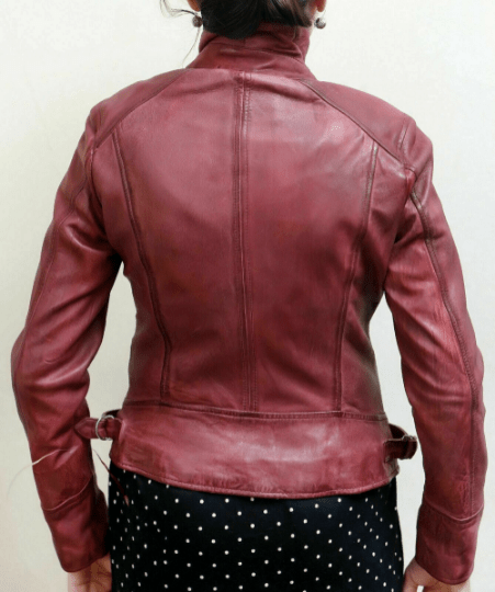 NOORA Womens Lambskin Maroon Red Leather Biker Jacket With Zipper & Pocket | Belted Jacket | Snap On Collar | ST073 - Noora International