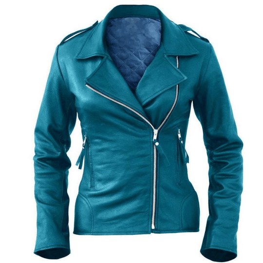 Noora Womens Lambskin Ocan Blue Leather Biker Jacket With Zipper & Pocket | Shoulder Strap | Full Sleeves | ST023 - Noora International