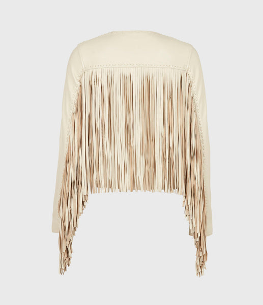 NOORA Womens Lambskin Off White Leather Fringe Style Jacket, Slim Fit Party Wear Tassel Designer Jacket YK0254 - Noora International