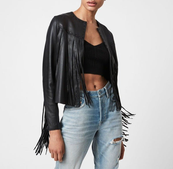 NOORA Womens Lambskin Off White Leather Fringe Style Jacket, Slim Fit Party Wear Tassel Designer Jacket YK0254 - Noora International