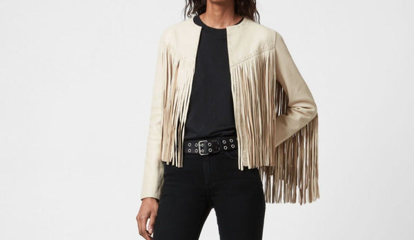 NOORA Womens Lambskin Off White Leather Fringe Style Jacket, Slim Fit Party Wear Tassel Designer Jacket YK0254 - Noora International