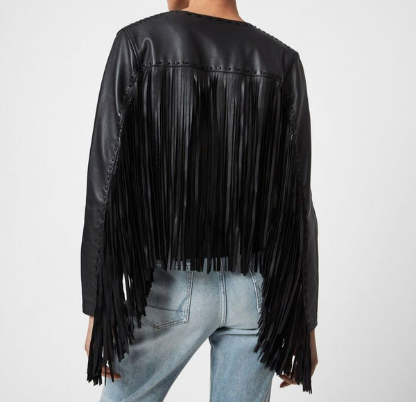 NOORA Womens Lambskin Off White Leather Fringe Style Jacket, Slim Fit Party Wear Tassel Designer Jacket YK0254 - Noora International