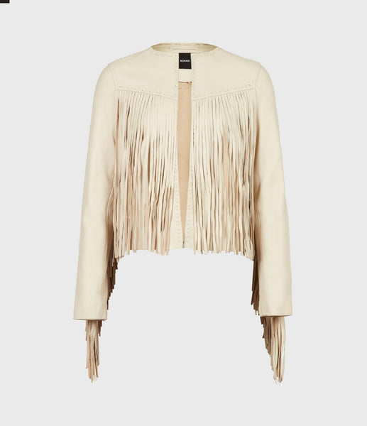 NOORA Womens Lambskin Off White Leather Fringe Style Jacket, Slim Fit Party Wear Tassel Designer Jacket YK0254 - Noora International