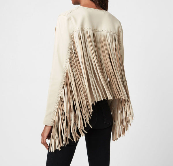 NOORA Womens Lambskin Off White Leather Fringe Style Jacket, Slim Fit Party Wear Tassel Designer Jacket YK0254 - Noora International